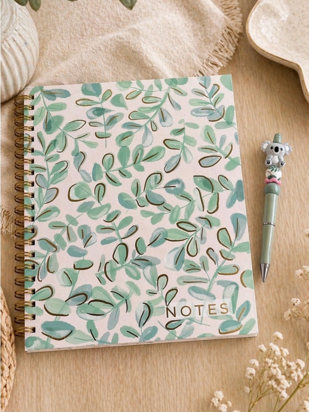 Adorable handmade koala beaded pen with hardcover Floral Green Spiral Notebook